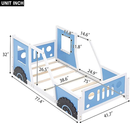 Twin Size Floor Bed for Kids, Race Car-Shaped Wooden Platform Montessori Bed Frame with Guardrail and Door for Boys Girls Child's Bedroom, Slats Included, No Spring Need (Blue) - LeafyLoom