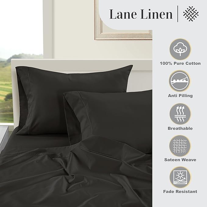 LANE LINEN 100% Egyptian Cotton Bed Sheets - 1000 Thread Count 3-Piece Twin XL Sheets Set, Long Staple Cotton Bedding Sheets, Sateen Weave, Luxury Hotel Sheets, Fits Upto 16" Mattress - Black - LeafyLoom