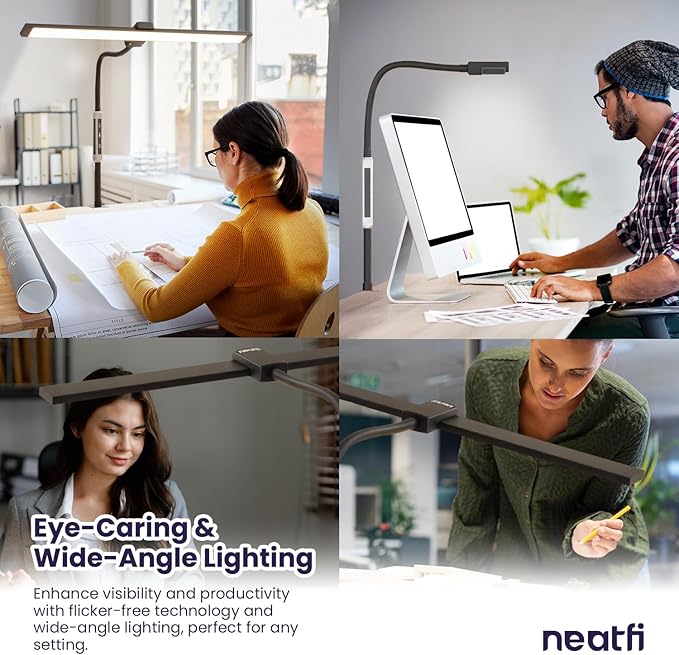 Neatfi Modern Desk Lamp with Clamp, Touch & Remote Controlled, 15W, Adjustable Color Temperature (3000K-6000K), Stepless Dimming, Flicker-Free, Wide-Angle Lighting for Home (Gooseneck, Black) - LeafyLoom