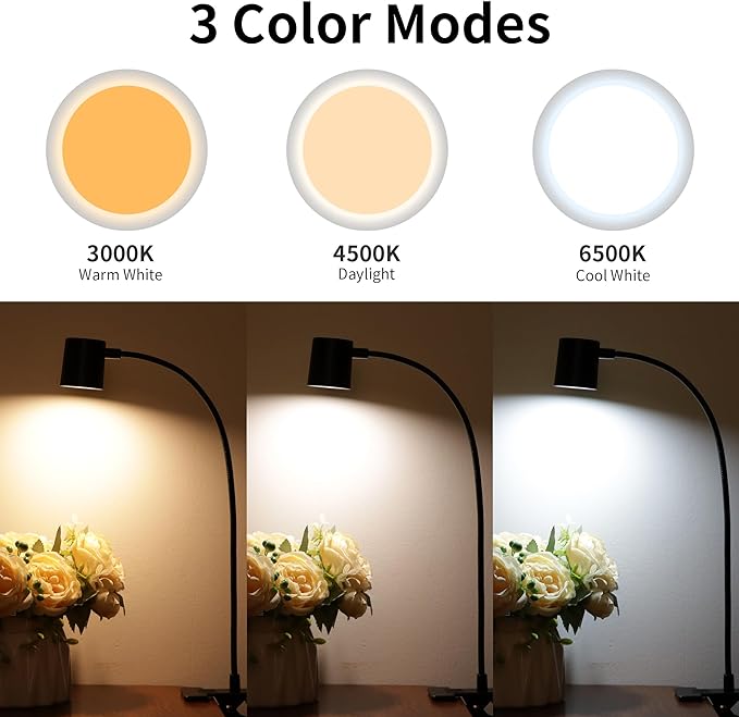 Dott Arts Desk Lamp,USB Clip On Light with 3 Color Modes,LED 10 Levels Brightness Reading Light, 360°Gooseneck Book Light,Eye-Care Reading Lamp for Home Office,Headboards.Adapter included - LeafyLoom