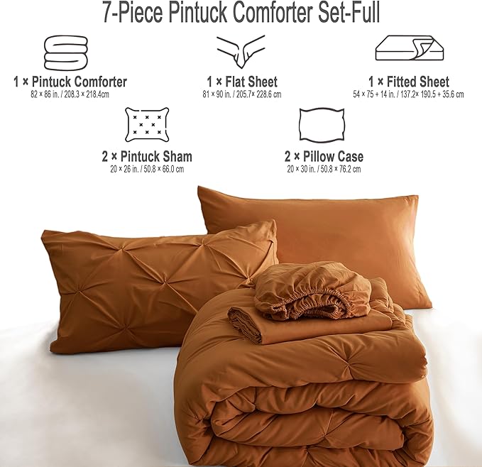 Ubauba 7pc Burnt Orange Comforter Set Full Size, 7 Pieces Pintuck Bed in a Bag Rust Bed Set with Comforter and Sheets, Bedding Comforters & Sets (Rustic, Full) - LeafyLoom