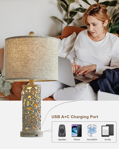 OYEARS 3-Way Dimmable 22'' USB A+C Touch Control Table Lamp Set of 2 with Nightlight for Living Room Bedroom Farmhouse Bedside Nightstand Lamps (Bulb Included) - LeafyLoom