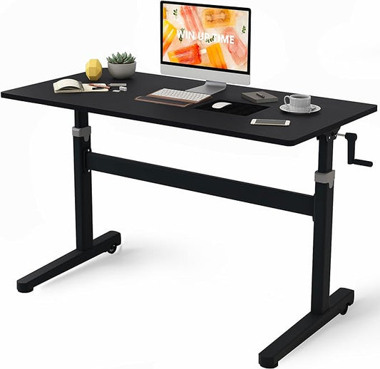 Manual Standing Desk Adjustable Height- Crank Mobile Standing Desk 55 x 24 Inches Sit Stand Desk Frame & Top, Stand Up Desk on Wheels, Computer Desk Black Frame & Black - LeafyLoom