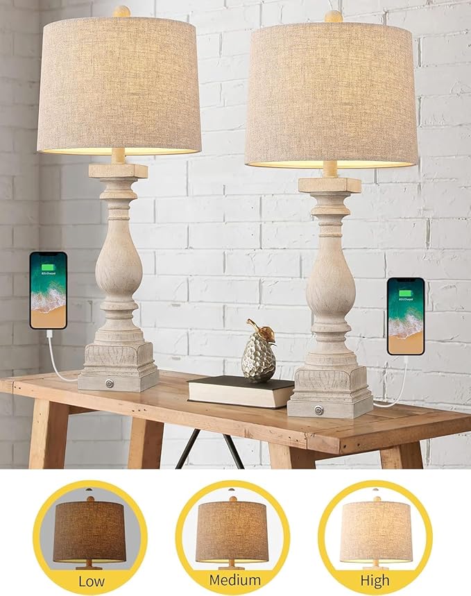 BOBOMOMO 27" Farmhouse 3-Way Dimmable Touch Control Table Lamp Set of 2 with USB A &USB C Charging Ports for Bedroom Living Room Vintage Rustic Traditional Nightstand Bedside Lamps (2 Bulbs Included) - LeafyLoom