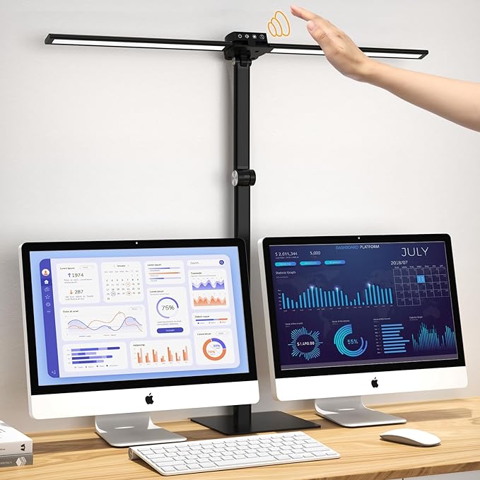 LED Desk Lamp, Newest Hand-Sweep Sensor Desk Lamps for Home Office, Double Head Architect lamp with Type-C & USB Charger, 24W Dimmable Smart Light with Timer, Black - LeafyLoom