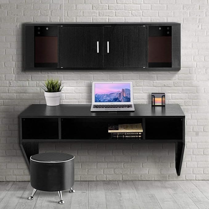 Computer Floating, Home Office Working, 42.5” Laptop Table Writing w/Storage Shelves, Modern Console Media Cabinet Wall Mounted Desk Hutch, Black - LeafyLoom