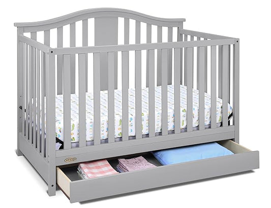 Graco Solano 4-in-1 Convertible Crib with Drawer (Pebble Gray) – GREENGUARD Gold Certified, Crib with Drawer Combo, Includes Full-Size Nursery Storage Drawer, Converts to Toddler Bed and Full-Size Bed - LeafyLoom