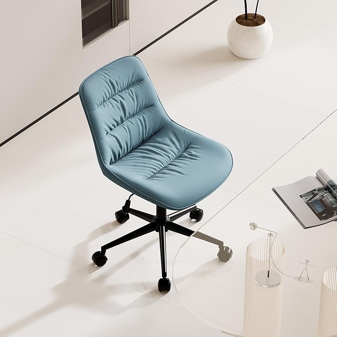 Kidol & Shellder Armless Office Chair Desk Chair Comfy Makeup Vanity Chair with Back Ergonomic Swivel Chair Home Office Desk Chairs with Wheels Rolling Computer Chair Bedroom Accent Chair(Blue) - LeafyLoom