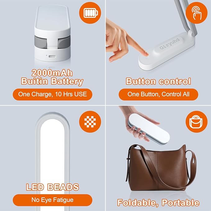 LED Desk Lamp for Office Home & Battery Operated Lamp Rechargeable Lamp Foldable & Portable Light, LED Desk Light Strip, 3 Brightness Dimmable Small Desk Lamp Wireless Reading Lamp(2PACK) - LeafyLoom