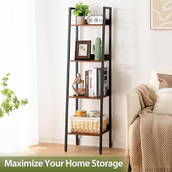 Yoobure Ladder Shelf, 4 Tier Tall Ladder Bookshelf Corner Shelf, Industrial Book Shelf Ladder Bookcase Narrow, Standing Storage Shelves Display Shelf for Bedroom Living Room Office Kitchen Bathroom - LeafyLoom