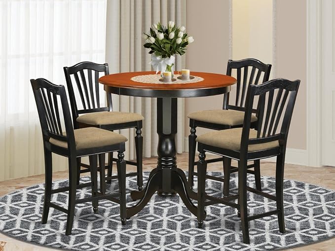 East West Furniture JACH5-BLK-C 5 Piece Kitchen Counter Set Includes a Round Dining Room Table with Pedestal and 4 Linen Fabric Upholstered Dining Chairs, 36x36 Inch, Black & Cherry - LeafyLoom