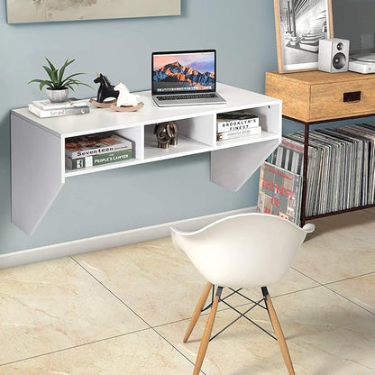 Computer Floating, Home Office Working, 42.5” Laptop Table Writing w/Storage Shelves, Modern Console Media Cabinet Wall Mounted Desk Hutch, White - LeafyLoom