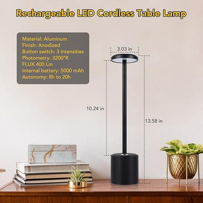 Cordless Table Lamp Rechargeable LED Touch Lamp, 5000mAh Battery Operated Lamp, 3 Color Stepless Dimming Table Light Desk Lamp for Restaurant/Bedroom/Bars/Patio/Indoor/Outdoor(Black) - LeafyLoom