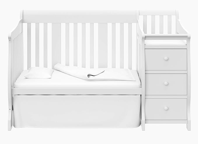 Storkcraft Portofino 5-in-1 Convertible Crib and Changer (White) – Changing-Table Combo with Drawer, Converts to Toddler Bed, Daybed Full-Size Storage Drawer - LeafyLoom