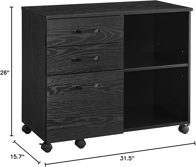 VASAGLE Lateral File Cabinet, Home Office Printer Stand, with 3 Drawers and Open Storage Shelves, for A4, Letter-Size Documents, Black with Wood Grain - LeafyLoom