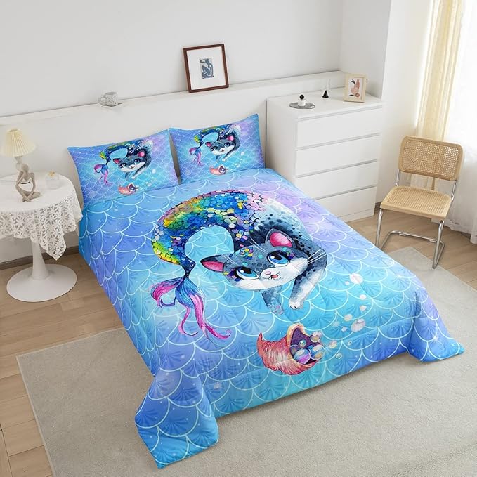 Rainbow Cartoon Cat Bed Sheet Set Colorful Mermaid Comforter Set for Kids Boys Girls Teens Room Decor Blue Mermaid Scales Bedding Set Set Ocean Gradient Style Bed Cover 2Pcs Twin Size - LeafyLoom