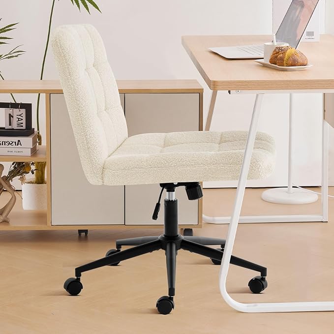 Furniliving Wide Desk Chair, Faux Fur Upholstered Office Chair with Wheels, Adjustable Accent Chair with Thicken Seat, Computer Chair for Living Room, Study Room, Home Office, IvoryWhite - LeafyLoom