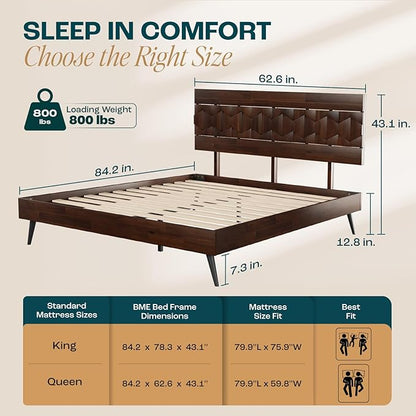 Bme Georgina 45 Inch Solid Wood TV Stand & Signature Queen Bed Frame with Handcrafted Geometric Headboard, Walnut - LeafyLoom