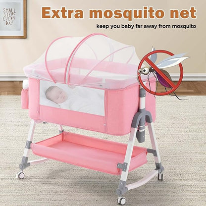 4 in 1 Baby Bassinet, Rocking Bassinets Bedside Sleeper with Comfy Mattress and Wheels, Height Adjustable Easy Folding Portable Bedside Crib for Newborn Infant,Pink - LeafyLoom