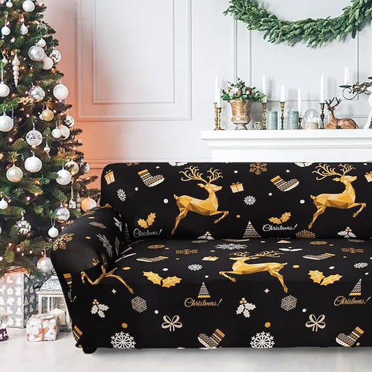 Mybedsoul Christmas Printed Black Sofa Cover Reindeer Printed Elastic Couch Cover Machine Washable Christmas Theme Red Sofa Slipcover for Living Room(2 Seater/Loveseat) Mybedsoul