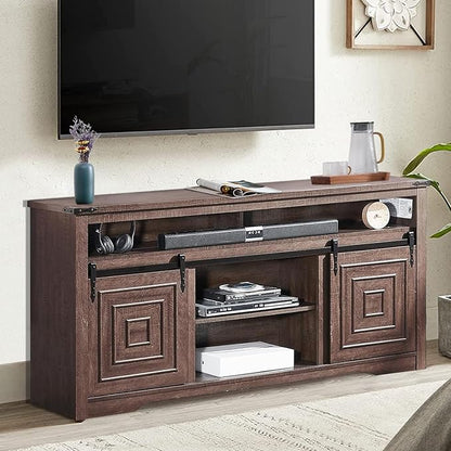 Zanzio 66" Farmhouse TV Stand for up to 75 inch TVs, Rustic Entertainment Center Media Console Table with Sliding Barn Doors Living Room Bedroom Wooden TV Cabinet (Rustic Brown) - LeafyLoom