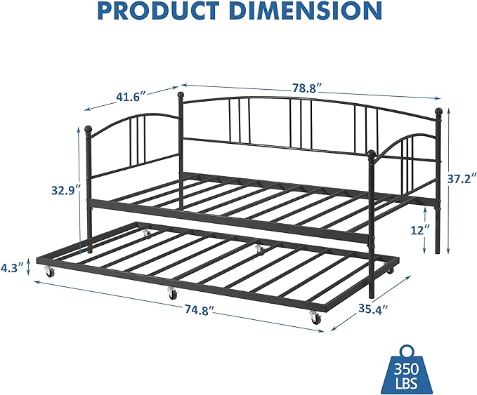 IDEALHOUSE Twin Daybed with Trundle, Metal Twin Size Daybed with Pullout Trundle 6 Casters, Steel Slat Support Sofa Bed for Living Room, Bedroom, Guest Room, No Box Spring Needed (Black) - LeafyLoom