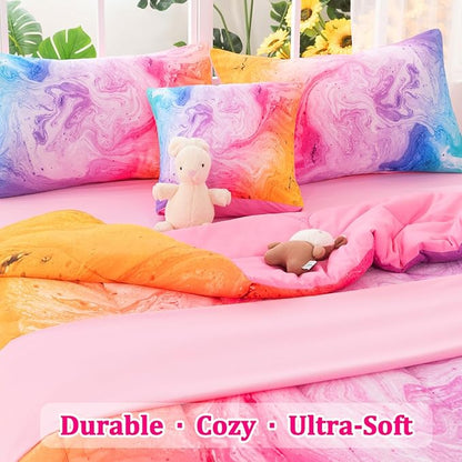 Girls Full Bedding Sets, 6 Pcs Pink Full Szie Comforter Set with Sheets, Watercolor Marble Abstract Art Superior Bedding Set for Girls Kids - LeafyLoom