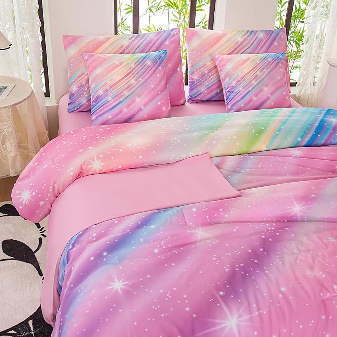 Full Size Bedding Sets Kids Bedding Sets for Girls,Galaxy Bedding 7pieces Glitter Pink Comforter, Colorful Comforter Full Size Comforter Sets for Teen Girls - LeafyLoom