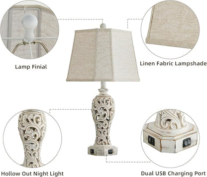 Set of 2 Rustic Table Lamps for Living Room Bedroom, Farmhouse Vintage Nightstand Lamp with 2 USB Ports, Hollow Out Resin Lamp for End Table with Nightlight, Bulbs Included (Wash White) - LeafyLoom