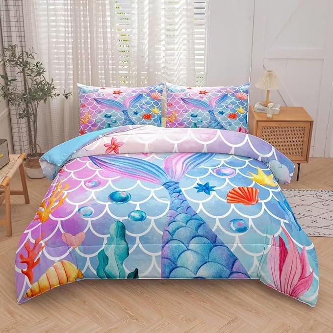 NINENINE Mermaid Bedding 5PCS Twin Size Glitter Comforter Set Princess Toddler Bedding Sets for Girls (1Comforter, 1Flat Sheet, 1Fitted Sheet, 2Pillowcases)… - LeafyLoom