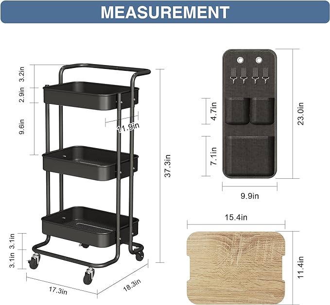 DTK 3 Tier Metal Utility Rolling Cart with Table Top and Side Bags, Tray Storage Organizer Wheels, Art Craft 4 Hooks for Kitchen Bathroom Office Living Room (Black) - LeafyLoom