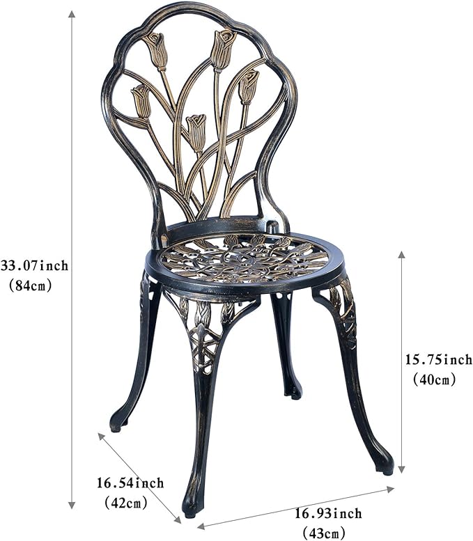 CG 3 Piece Bistro Set, Outdoor Patio Set, Anti-Rust Cast Aluminum Bistro Table Set for Park Yard Front Porch Furniture, Tulip, Antique Copper - LeafyLoom