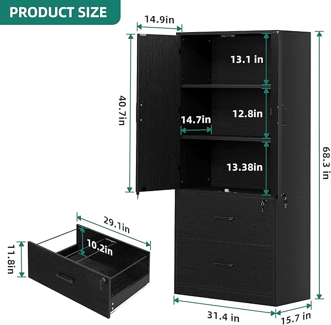 YITAHOME Wood File Cabinets, Heavy Duty Garage Tool Cabinets with Doors & Adjustable Shelves, Big Storage Filing Lockers for Home Office, Living Room, Pantry, Gym, Basement, Warehouse, Black - LeafyLoom