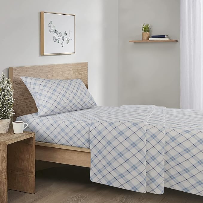 Comfort Spaces Cotton Flannel Breathable Warm Deep Pocket Sheets With Pillow Case Bedding, Twin, Plaid Blue, 3 Piece - LeafyLoom