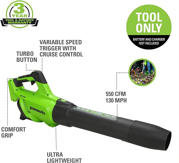 Greenworks 40V (130 MPH / 550 CFM / 75+ Compatible Tools) Cordless Brushless Axial Leaf Blower, Tool Only - LeafyLoom