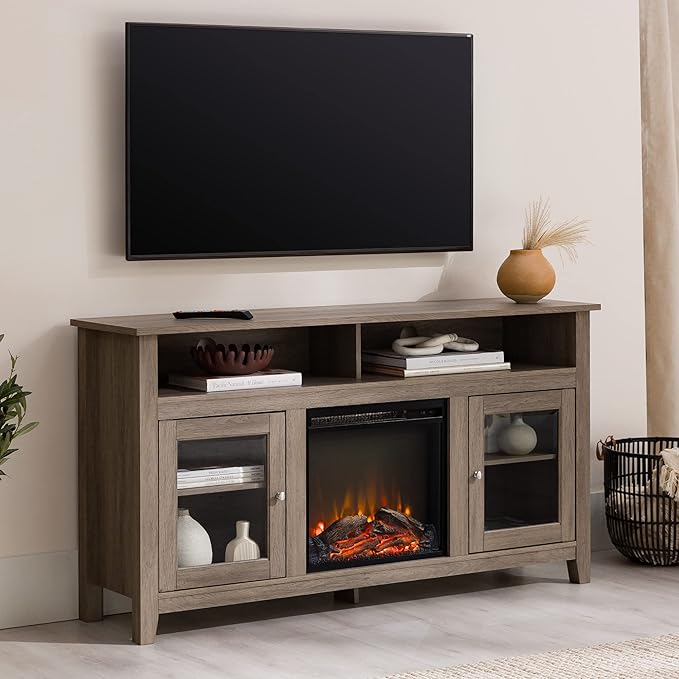 Walker Edison Glenwood Rustic Farmhouse Glass Door Highboy Fireplace TV Stand for TVs up to 65 Inches, 58 Inch, Driftwood - LeafyLoom