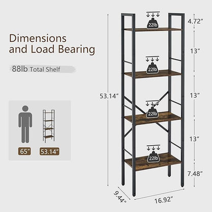 Tajsoon 4 Tier Bookshelf Industrial Ladder Shelf, Tall Skinny Bookshelf with Wood, Freestanding Thin Bookshelf for Home Office, Living Room, Bedroom, Metal Frame, Rustic Brown - LeafyLoom