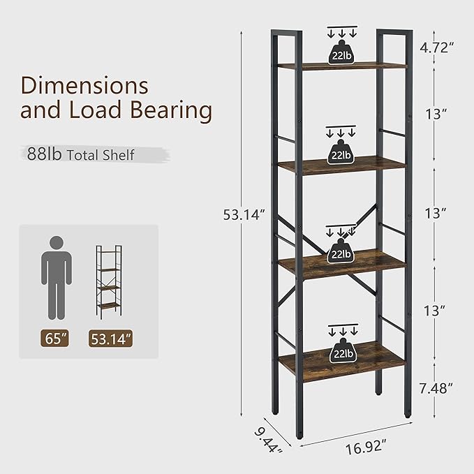 Tajsoon 4 Tier Bookshelf Industrial Ladder Shelf, Tall Skinny Bookshelf with Wood, Freestanding Thin Bookshelf for Home Office, Living Room, Bedroom, Metal Frame, Rustic Brown - LeafyLoom