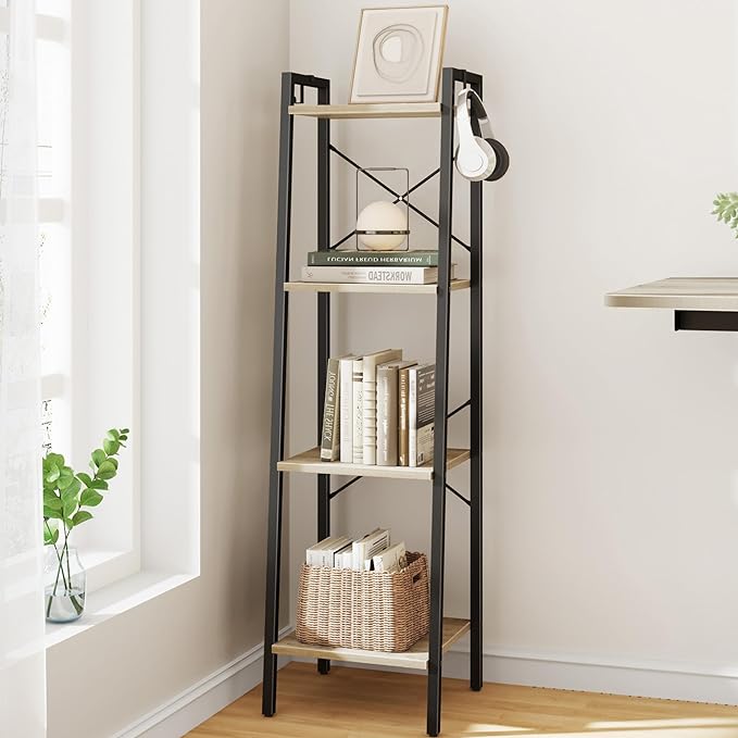 Ladder Shelf, Bookshelf Bookcase, Freestanding Corner Storage Shelve with 2 Hooks for Home Office, Living Room, Kitchen, Bedroom, Industrial, 4-Tier Greige BC13205B - LeafyLoom