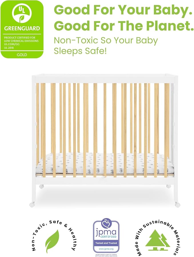 Delta Children Mia Portable Folding Mini Crib with 1.5-Inch Mattress - Greenguard Gold Certified, Bianca White/Natural - LeafyLoom