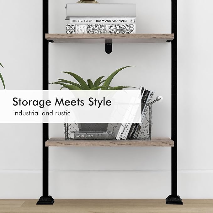 Axeman 5-Tier Ladder Shelf, Tall Narrow Bookcase for Small Spaces, Book Storage Organizer Case Open Shelves for Living Room, Home Office, Study, Industrial Style Black Metal Frame and Gray Shelf - LeafyLoom