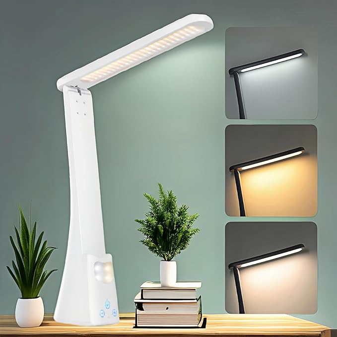 LED Desk Lamp with Night Light Foldable Portable High Brightness Eye Care Lamp. Touch Control, Rechargeable, for Home Reading Light, Office and Dormitory (White 2.0) - LeafyLoom