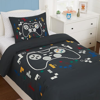 KALEIDOSPACE Kids Bedding Sets for Boys Girls, Glow in The Dark 5 Piece Gamer Twin Bed in A Bag, Ultra Soft Microfiber Kids Bedding for All Season (66"X86" - LeafyLoom