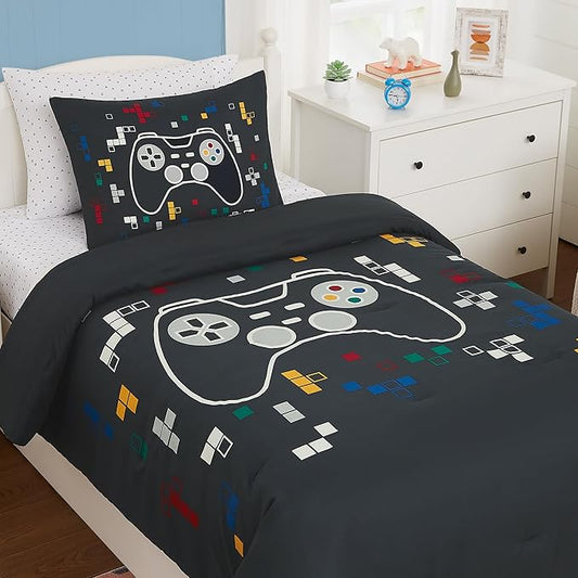 KALEIDOSPACE Kids Bedding Sets for Boys Girls, Glow in The Dark 5 Piece Gamer Twin Bed in A Bag, Ultra Soft Microfiber Kids Bedding for All Season (66"X86" - LeafyLoom