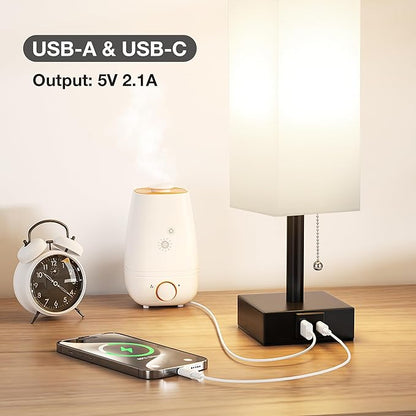 White Small Table Lamp for Bedroom - 3 Color Temperature 3000K 5000K 4000K Bedside Lamp, Pull Chain Control, USB A and C Charging Ports, Black Base, for Kids Office Dorm Nightstand, Bulb Included - LeafyLoom