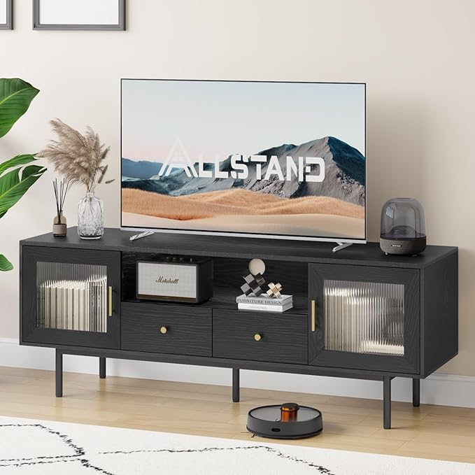 TV Stand for 65 Inch TV, Modern Entertainment Center with 2 Cabinets and 2 Drawers, Mid Century TV Stand for 55/60/65 inch TV, Media Console for Bedroom, Living Room and Office, Black - LeafyLoom