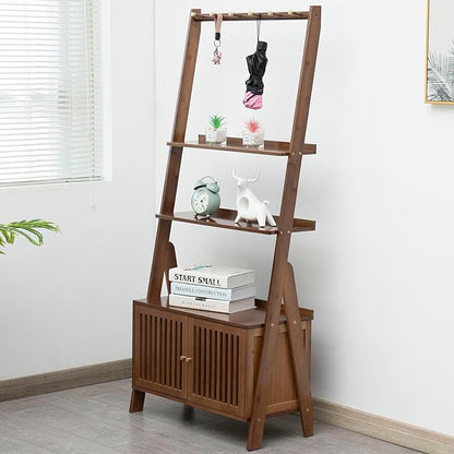 Bamboo Ladder Shelf Modern Wood Bookshelf Tall Bookcase Leaning Wall Shelves Open Standing Storage Rack Shelves for Living Room, Bathroom, Kitchen, Office(Brown, 4 Tier-21x11x59) - LeafyLoom