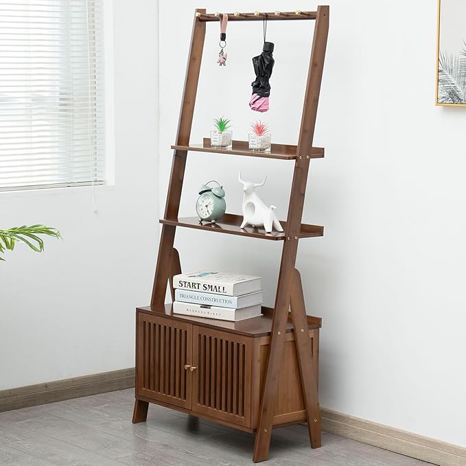 Bamboo Ladder Shelf Modern Wood Bookshelf Tall Bookcase Leaning Wall Shelves Open Standing Storage Rack Shelves for Living Room, Bathroom, Kitchen, Office(Brown, 4 Tier-27x12x59) - LeafyLoom