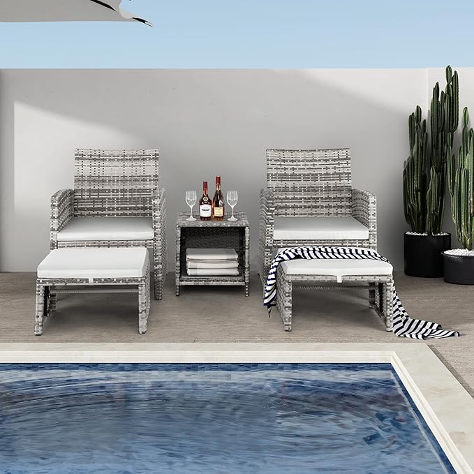 Outvita 5 Pieces Patio Furniture Set, Outdoor Rattan Sectional Sofa Conversation Sets with Coffee Table, Single Sofa and Ottoman for Garden Backyard Balcony Porch Poolside(Gray Gradient) - LeafyLoom