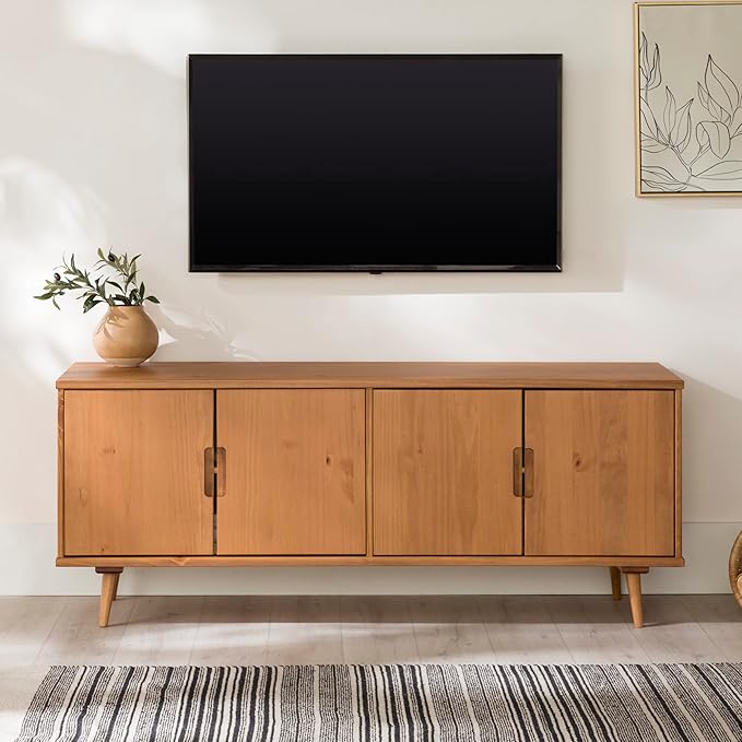 Walker Edison Genia Mid-Century Modern Solid Wood Stand for TVs up to 65 Inches, Caramel - LeafyLoom